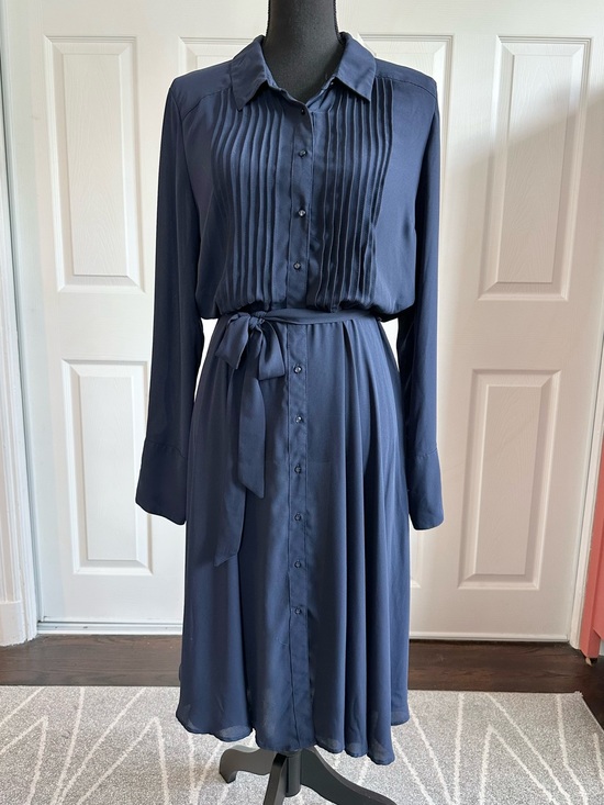 Nanette Lepore Dresses & Skirts - Nanette Lenore Navy Blue Pleated Top Tie Waist Shirt Dress